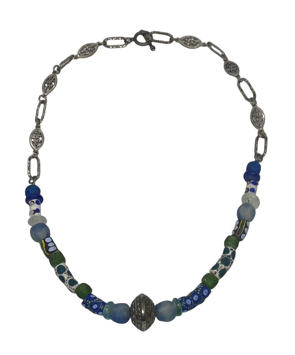 Fashion 25" African Krobo Bead Necklace Handmade Silver Plate Blue Green Ghana